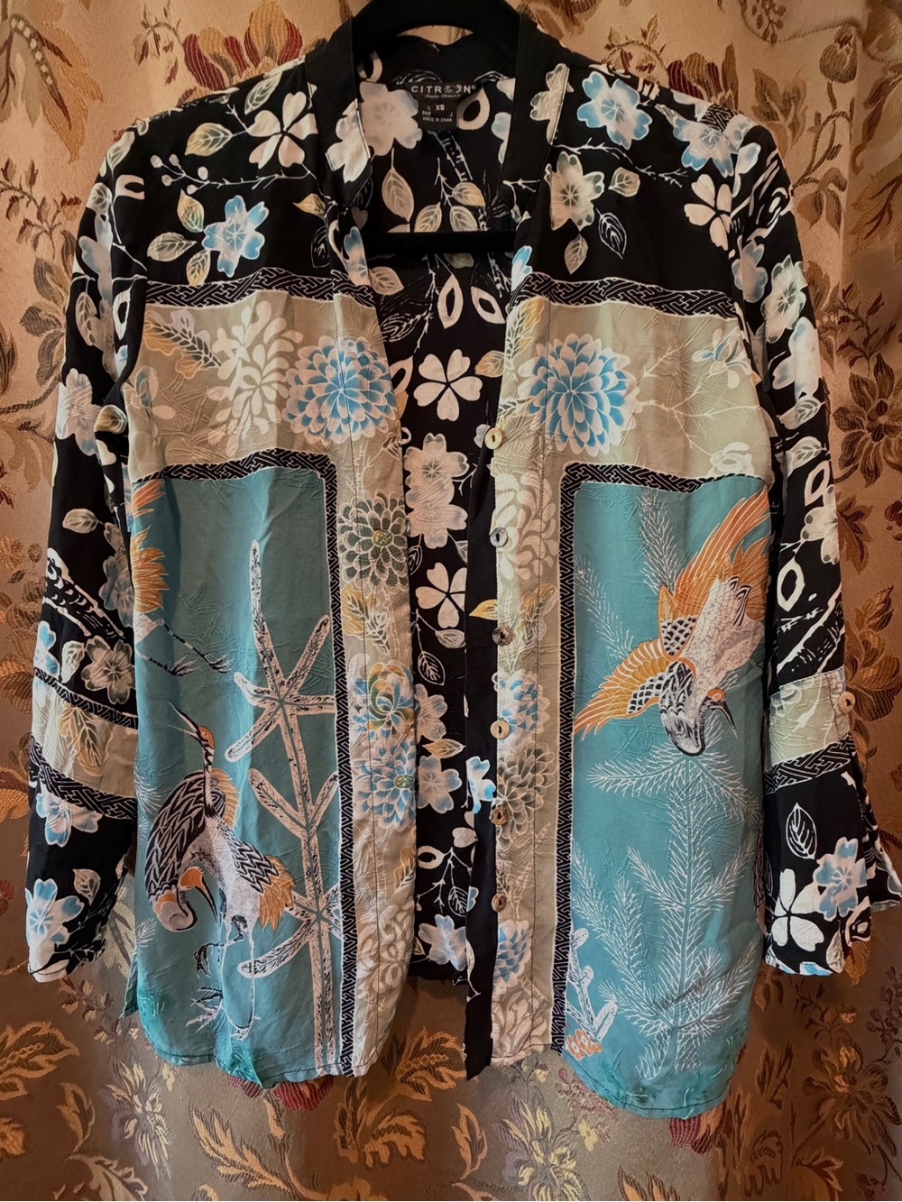 Citron Beautiful Black & Teal Floral Print 100% Silk XS Button Front Shirt